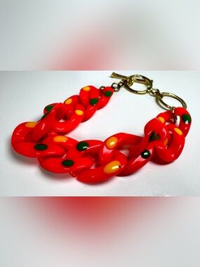 Bright Orange Acrylic Chunky Chain Bracelet with Yellow & Green Accents #1740